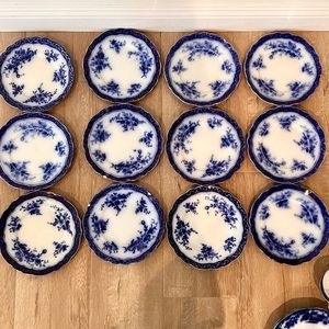 12 PCs 19th C. Henry Alcock, England Touraine Flow Blue Salad Plates 9” Antique